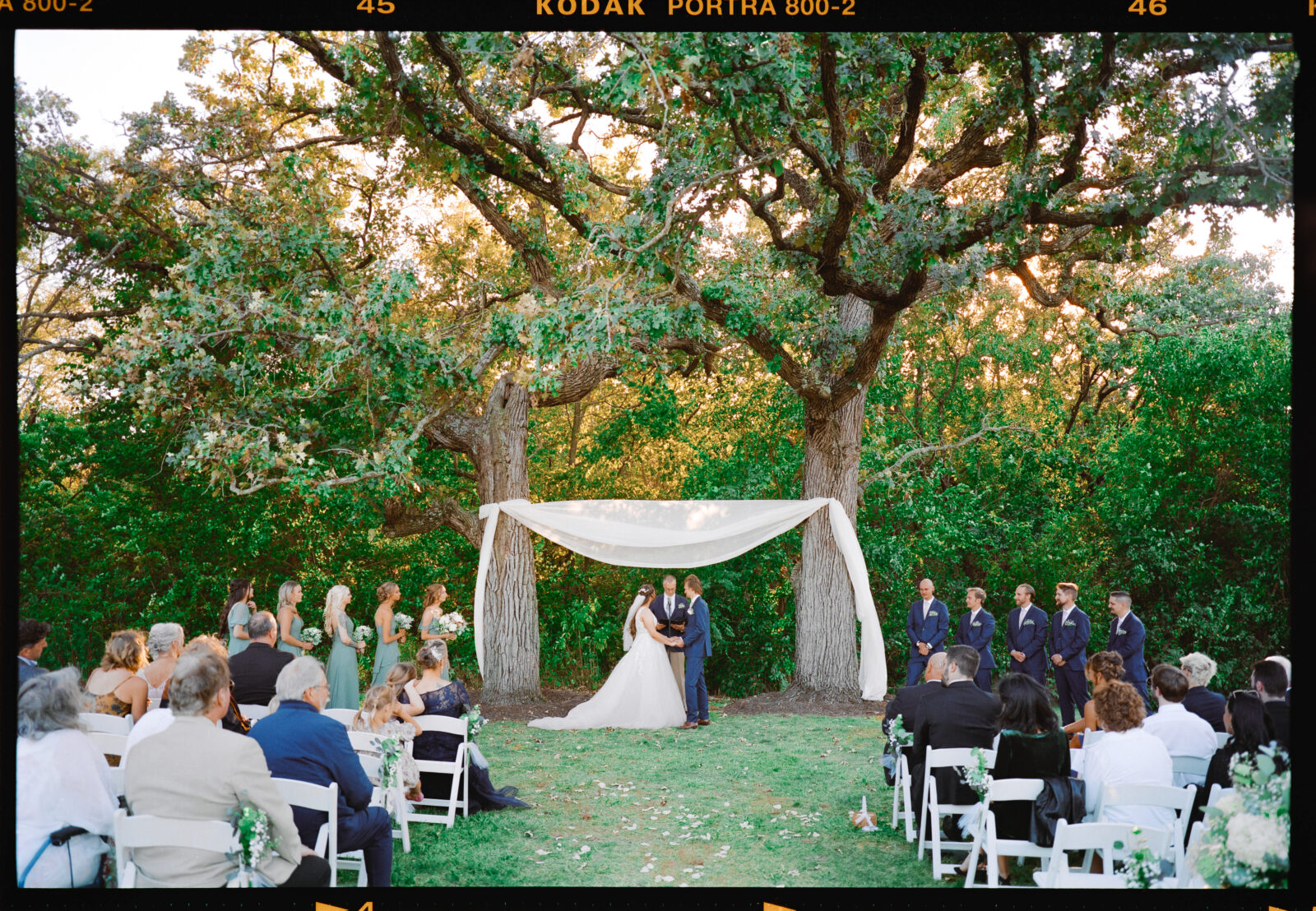 Bride and Groom ceremony location with guests under oak tree